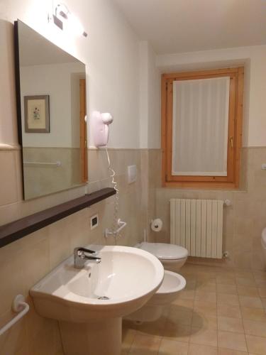 a bathroom with a sink and a mirror and a toilet at Casa Felice in Valfurva