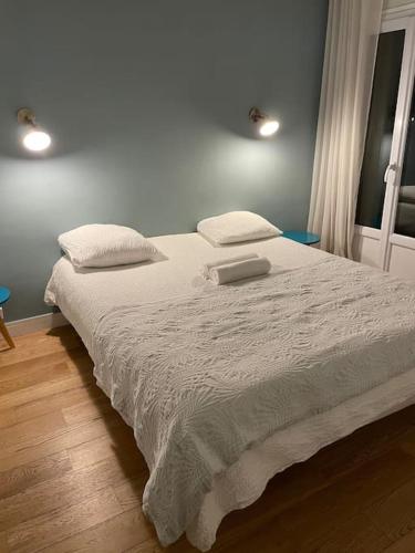 une chambre avec un lit avec deux oreillers dessus dans l'établissement Appartement Roland-Gaross/Boulogne-Billancourt, à Boulogne-Billancourt
