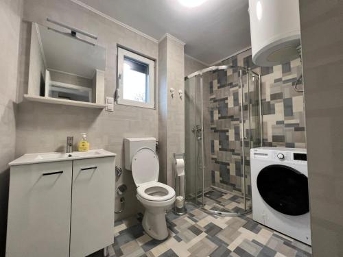ein Bad mit einem WC, einem Waschbecken und einer Dusche in der Unterkunft Hillside Villa in Sarajevo