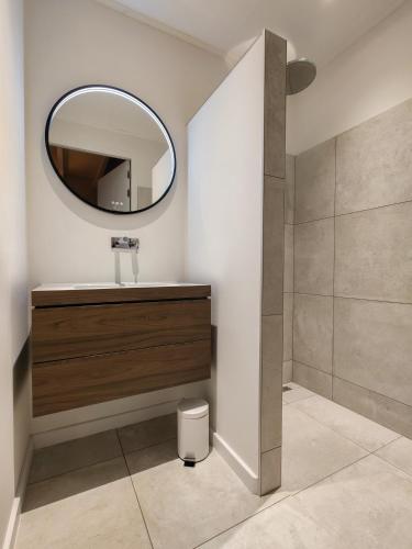 a bathroom with a sink and a mirror at De Veentjes in IJhorst
