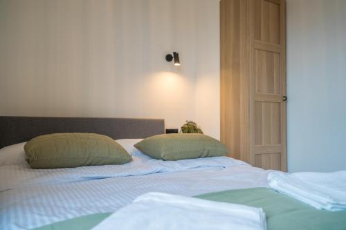 a bedroom with a bed with two pillows on it at Rezerwat Ustrzyki Górne in Ustrzyki Górne