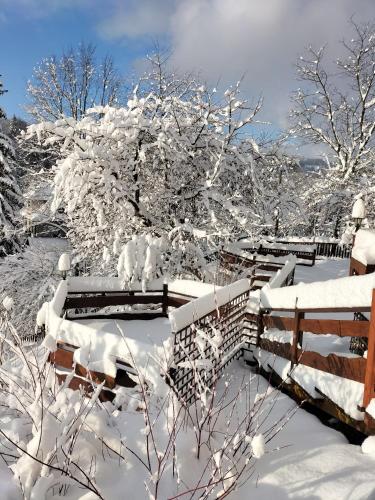 a snow covered park with benches covered in snow at Agroturystyka Na Kępie in Wisła