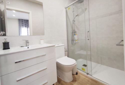 桑盧卡爾－德巴拉梅達的住宿－APARTAMENTOS SANLUCAR CASA D，浴室配有卫生间水槽和淋浴。