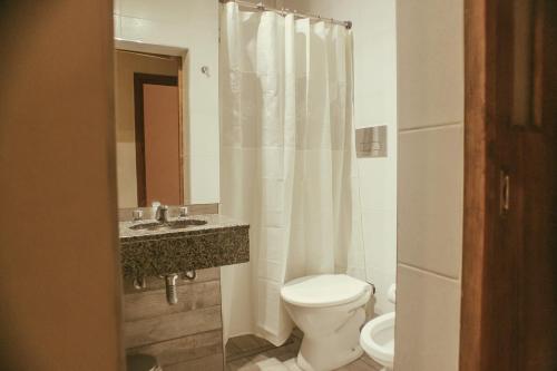 a bathroom with a toilet and a sink and a mirror at Alas Hotel in San Rafael