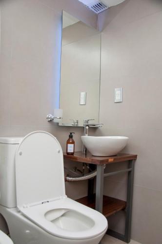 a bathroom with a white toilet and a sink at Terra Campo Posada in Chacras de Coria