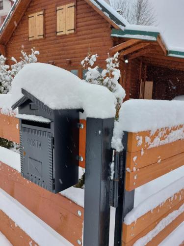 dom pokryty śniegiem przed płotem w obiekcie Zara Chalet w mieście Kolašin