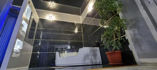 a bathroom with a black tile wall with a plant at Top luxury apartment in Belgrade