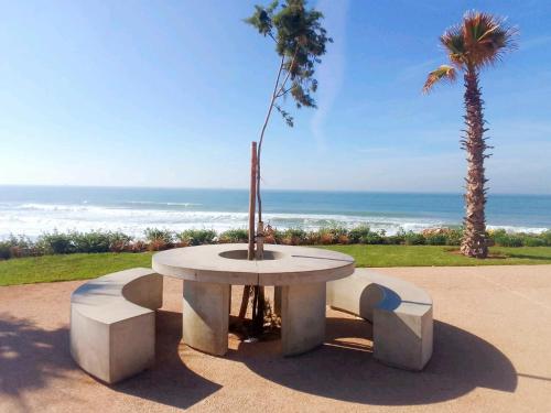 a table and two palm trees and the ocean at Four Seasons Apartment in Agadir