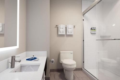 ein weißes Bad mit einem WC und einer Dusche in der Unterkunft Holiday Inn Express Evansville - West, an IHG Hotel in Evansville