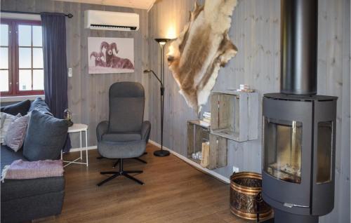 a living room with a fireplace and a chair at 5 Bedroom Beautiful Home In Rauland in Rauland