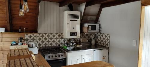 a kitchen with a stove and a microwave at del ANDINO.USH in Ushuaia