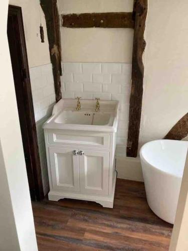 a bathroom with a white sink and a toilet at Monk House - Historic Foundation Invites guests in Petworth