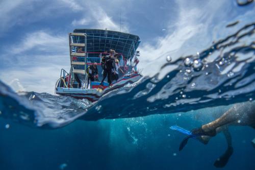 um grupo de pessoas em um barco na água em Divers House em Ko Tao