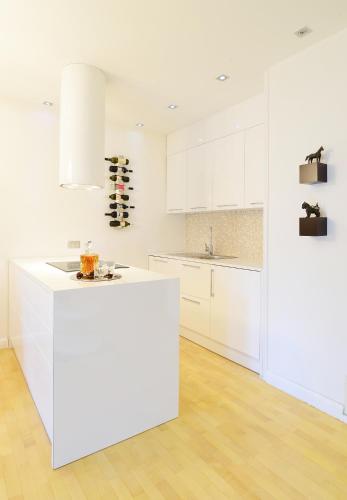 a white kitchen with white cabinets and a white island at ApartHotel Vila Minka in Ljubljana