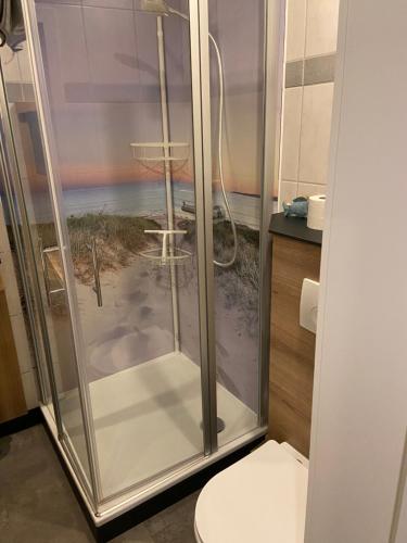 a bathroom with a glass shower with a toilet at Lütte Uttiet in Stelle-Wittenwurth