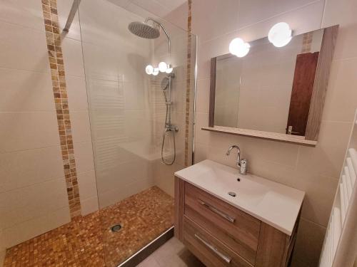 une salle de bain avec un lavabo et une douche avec un miroir dans l'établissement Appartement 6 pers, balcon sud, WiFi, animaux admis, parking - FR-1-393-51, à Saint-Michel-de-Chaillol