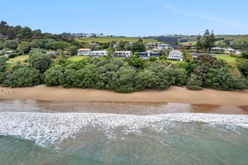 an aerial view of a beach with houses and trees at Coopers Sands - Coopers Beach Holiday Home in Coopers Beach