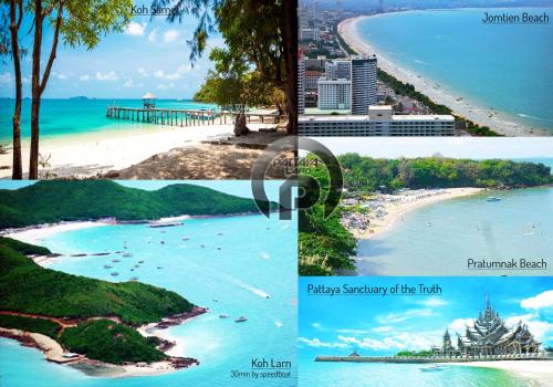 un collage de photos d'une plage et de l'océan dans l'établissement POTTERLAND Luxury Pool Villa Pattaya Walking Street 6 Bedrooms, à Pattaya (sud)