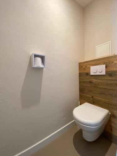 a bathroom with a white toilet in a room at Le Marlou in La Toussuire