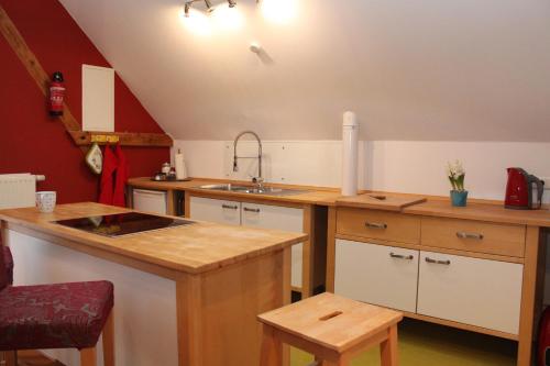 a kitchen with a sink and a counter top at Ferienwohnung auf der Rübenburg in Barnsen