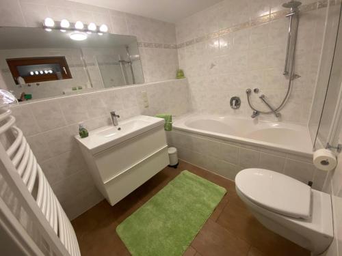 La salle de bains est pourvue d'une baignoire, de toilettes et d'un lavabo. dans l'établissement Gästehaus Natur Wohnung Auszeit, à Vöhl