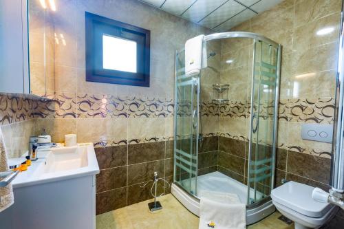 W łazience znajduje się prysznic, umywalka i toaleta. w obiekcie Fera Life Suit Apart w mieście Trabzon