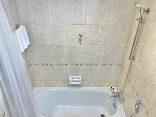 La salle de bains est pourvue d'une baignoire et d'une douche. dans l'établissement White Sage - Lakefront Apartment Amidst Parks With Lake Access, à Dubaï