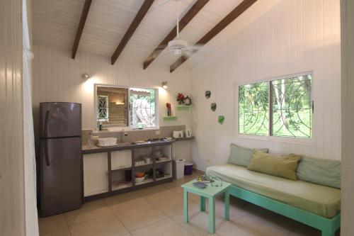 - un salon avec un canapé et un réfrigérateur dans l'établissement Boho lodge Montezuma l&l, à Montezuma