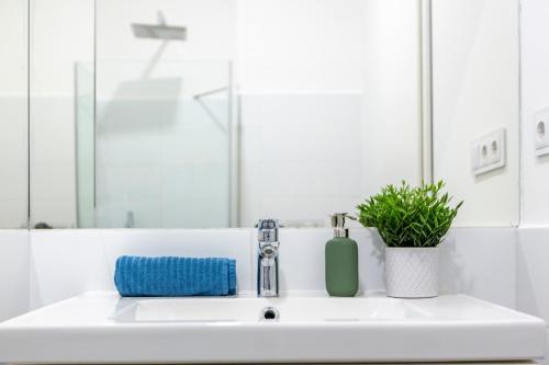 a bathroom sink with a green soap dispenser and a plant at Exclusive Central Home with Sauna next to the New York Café in Budapest