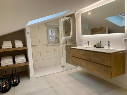 bagno con lavandino, doccia e specchio di Haigis Lodge 2 ad Annaberg im Lammertal