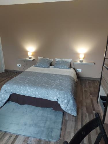 ein Schlafzimmer mit einem Bett mit zwei Kissen und zwei Lampen in der Unterkunft Maison de bourg paisible in Parçay-sur-Vienne