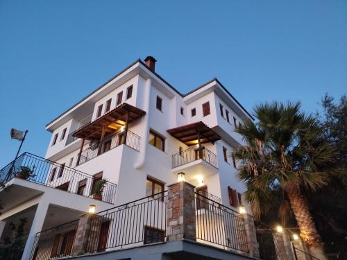 a white building with a palm tree in front of it at Sun Touch Pelion Rooms in Kala Nera