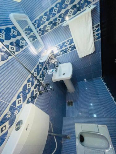 a blue and white bathroom with a toilet and sink at Hotel new royal palace in Lahore