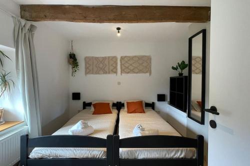 sypialnia z łóżkiem z pomarańczowymi poduszkami w obiekcie Le Belle-Vue w La-Roche-en-Ardenne
