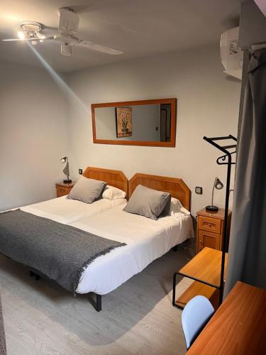 een slaapkamer met 2 bedden en een spiegel aan de muur bij Hostal Arenal in Zaragoza