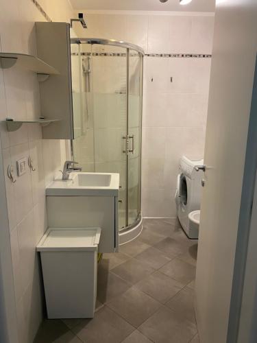 uma casa de banho com um lavatório, um chuveiro e um WC. em RESIDENCE DUINO MARE em Duino