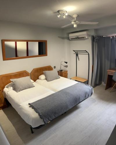 a bedroom with two beds and a ceiling fan at Hostal Arenal in Zaragoza