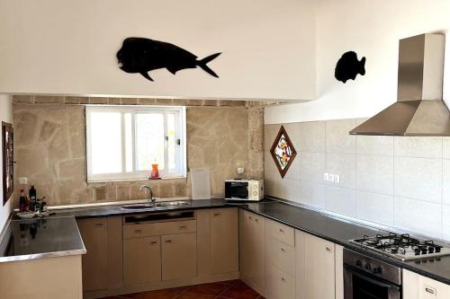 a kitchen with a fish decals on the wall at Villa GÊMEO vue mer, piscine accès privé plage in Calheta Do Maio