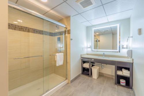 a bathroom with a glass shower and a sink at Quality Inn Sunshine Suites in Terrace