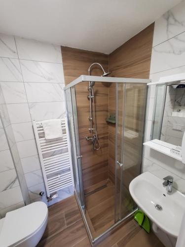 une salle de bains avec douche, toilettes et lavabo dans l'établissement Apartman Green - Ravna planina, à Pale