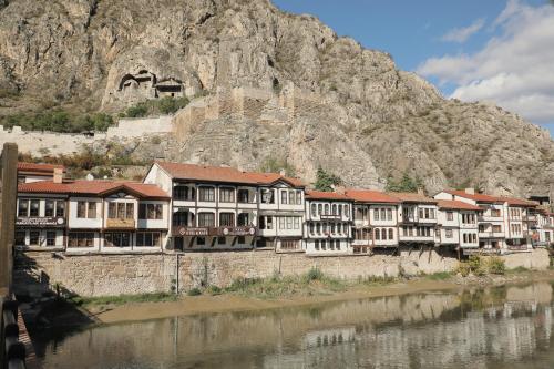 un grupo de edificios frente a una montaña en SALİH BEY KONAĞI, en Amasya