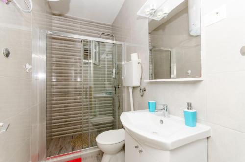ein Bad mit einem WC, einem Waschbecken und einer Dusche in der Unterkunft Apartment Ruza in Sobra