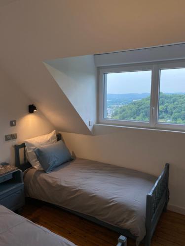 um quarto com uma cama e uma janela em Le Haut 33 : Maison bourgeoise de caractère à Laon em Laon