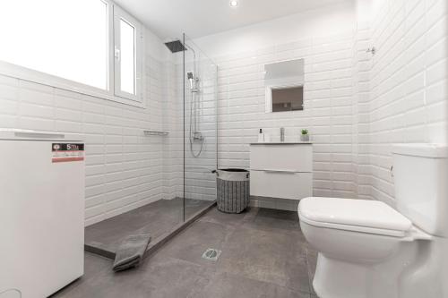 a white bathroom with a toilet and a shower at Athenian center apartments in Athens