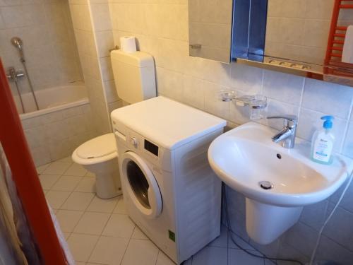 een badkamer met een wasmachine naast een wastafel bij Appartamento Primo Sole in Primaluna
