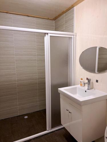 a bathroom with a shower and a sink and a mirror at Lala Mountain Homestay‧Cile Farm in Hualing