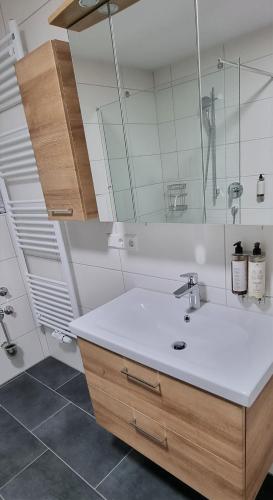 a bathroom with a sink and a mirror at Flat11 4-Zi Wohnung Messe Karlsruhe in Rheinstetten