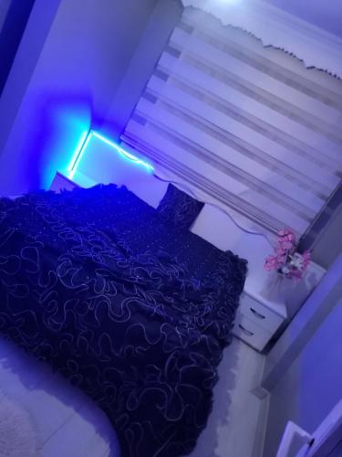 um quarto com uma cama e uma luz azul em Erzurum DAMAK GRUP em Erzurum