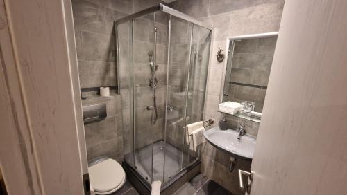 ein Bad mit einer Dusche, einem WC und einem Waschbecken in der Unterkunft Hotel & Restaurant - Zum Schleicher Kuckuck in Schleich