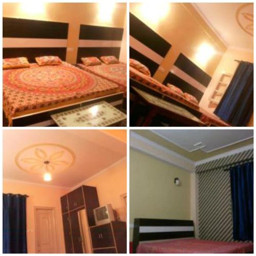 a collage of four pictures of a bedroom at Chauhan Homestay in Shimla